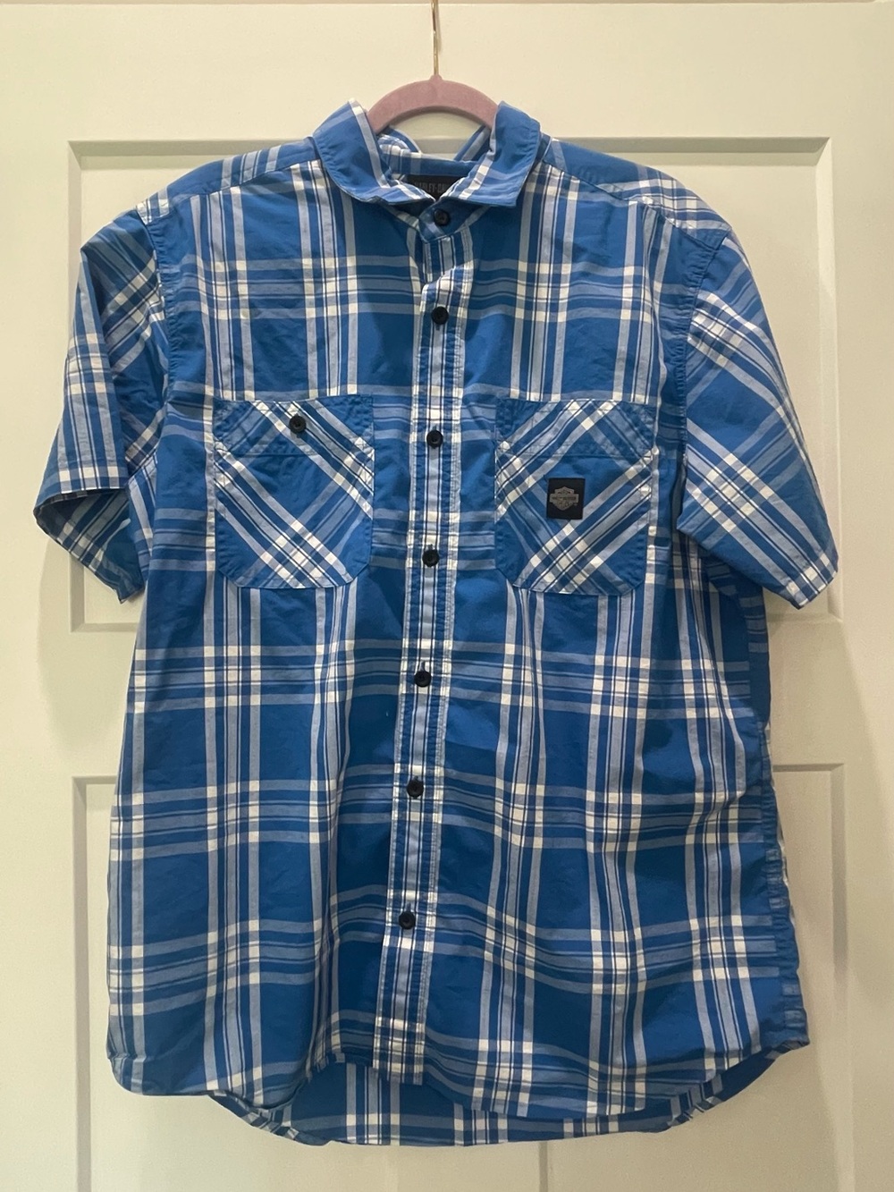 Harley-Davidson Blue and White Plaid Short-Sleeve Button-Down Shirt